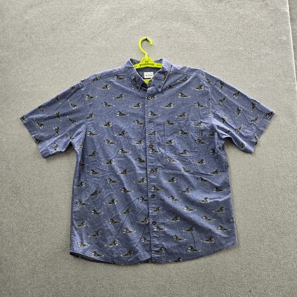 Woolrich Men Button Up Shirt L Blue Animal Print Dogs Casual Short‎ Sleeve
